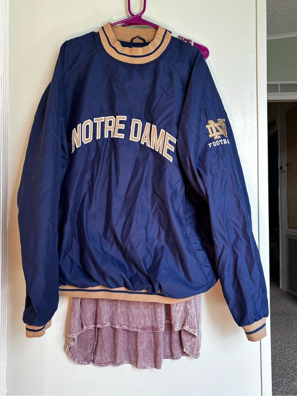 Reebok Navy and Gold Notre Dame Pullover Varsity Jacket